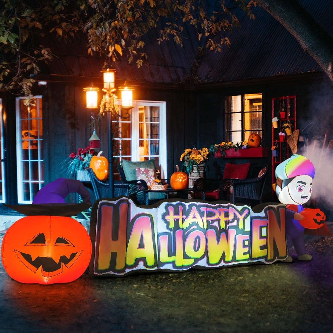 GOOSH 11.5 FT Happy Halloween Inflatables Outdoor Decorations Vampire with Pumpkin Halloween Blow Up Yard Decorations Long with LED Lights Holiday for Halloween Party Yard Garden Lawn