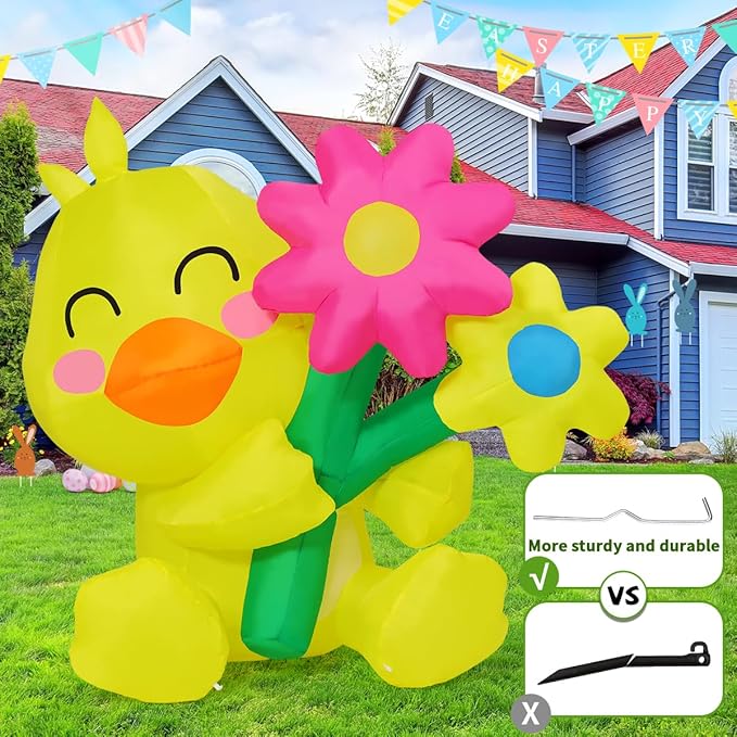 GOOSH 5.2 FT Easter Inflatables Chicken Outdoor Decorations Blow Up Chick Spring Flower with Built-in LEDs for Indoor Yard Garden Lawn Decoration