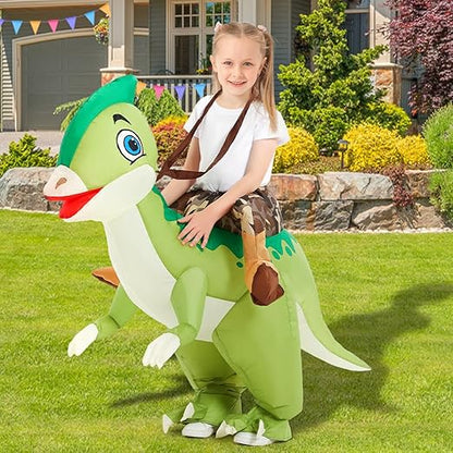 Inflatable Dinosaur Costume Kids, Ride on Parasaurolophus Blow Up Dino Costume Green Funny Fancy Dress for Halloween