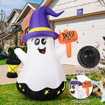 GOOSH 5 FT Halloween Inflatables Ghost Outdoor Decorations Blow Up Yard Cute Wizard Ghost with Hand-Held Light with Built-in LEDs for Garden Lawn Indoor Party Decor