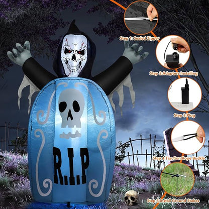 Goosh 5.3 FT Halloween Inflatables Ghost Tombstone Outdoor Decorations,Blow ups Scary Halloween Inflatable with Built-in LED Light for Party Indoor Yard Lawn Decor