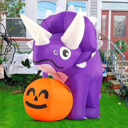 GOOSH 5 FT Width Halloween Inflatables Dinosaur Outdoor Decorations Blow Up Yard Dinosaur with Pumpkin with Built-in LEDs for Garden Lawn Indoor Party Decor