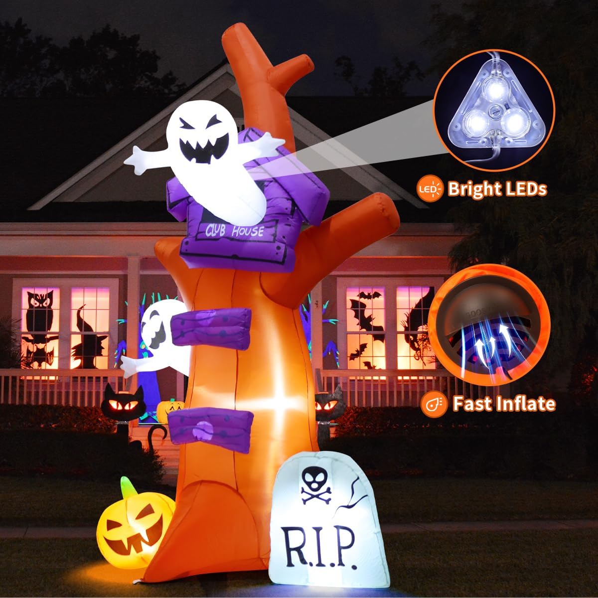 GOOSH 9 FT Halloween Inflatables Tree Outdoor Decorations Blow Up Yard Huge Tree with Pumpkin Tombstone with Built-in LEDs for Garden Lawn Indoor Party Decor