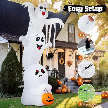 GOOSH 10 FT High Halloween Inflatable Overlap Ghost Blow Up Yard Decoration Clearance with LED Lights Built-in for Holiday/Party/Yard/Garden
