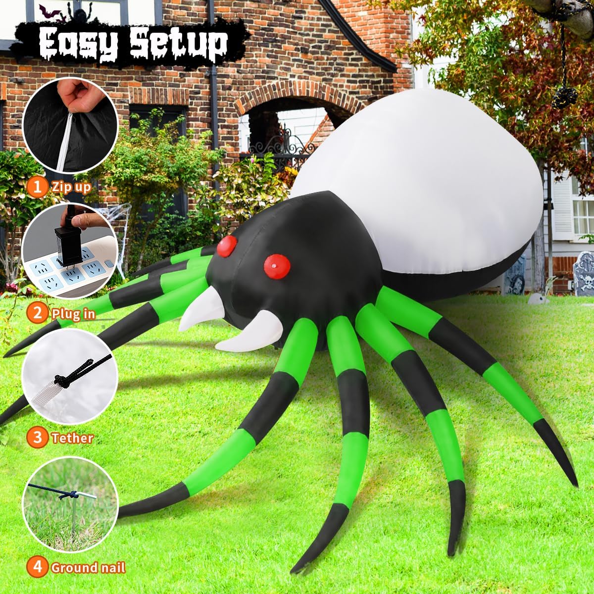 GOOSH 8ft Light-Up Inflatable Green Spider Halloween Yard Decoration