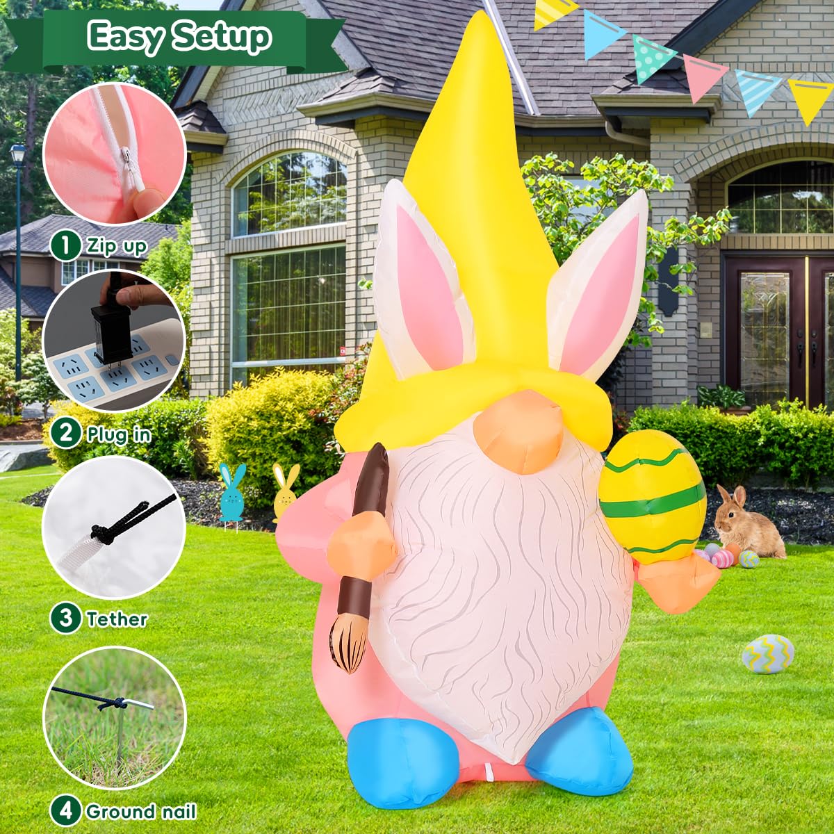 GOOSH 5 FT Easter Inflatable Gnome Outdoor Decorations Blow Up Yard Cute Gnome Wearing Bunny Hat Holding Eggs and Paintbrush Built-in LEDs Garden Lawn Indoor Decor