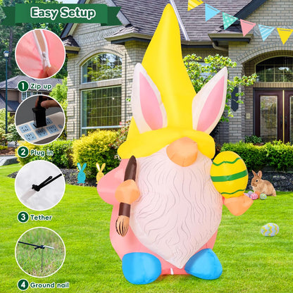 GOOSH 5 FT Easter Inflatable Gnome Outdoor Decorations Blow Up Yard Cute Gnome Wearing Bunny Hat Holding Eggs and Paintbrush Built-in LEDs Garden Lawn Indoor Decor