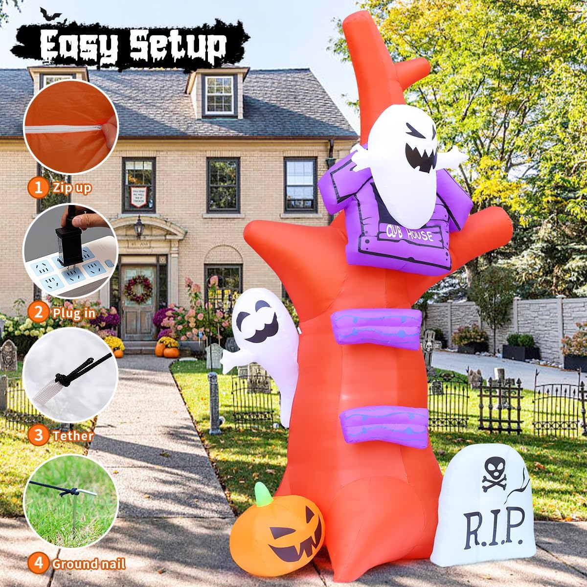 GOOSH 9 FT Halloween Inflatables Tree Outdoor Decorations Blow Up Yard Huge Tree with Pumpkin Tombstone with Built-in LEDs for Garden Lawn Indoor Party Decor