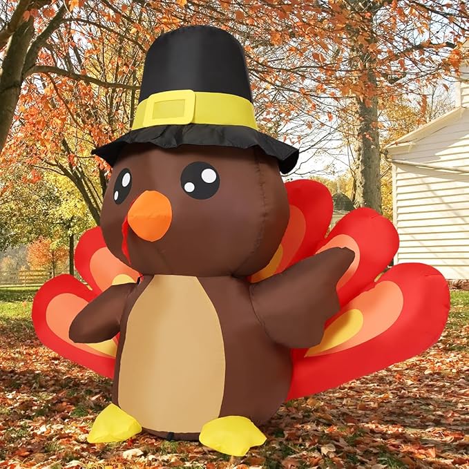 Goosh 4FT Tall Thanksgiving Inflatables Turkey Baby in Hat with Built-in LEDs Blow Up Yard Decoration for Holiday Season Party Indoor Outdoor Garden Lawn