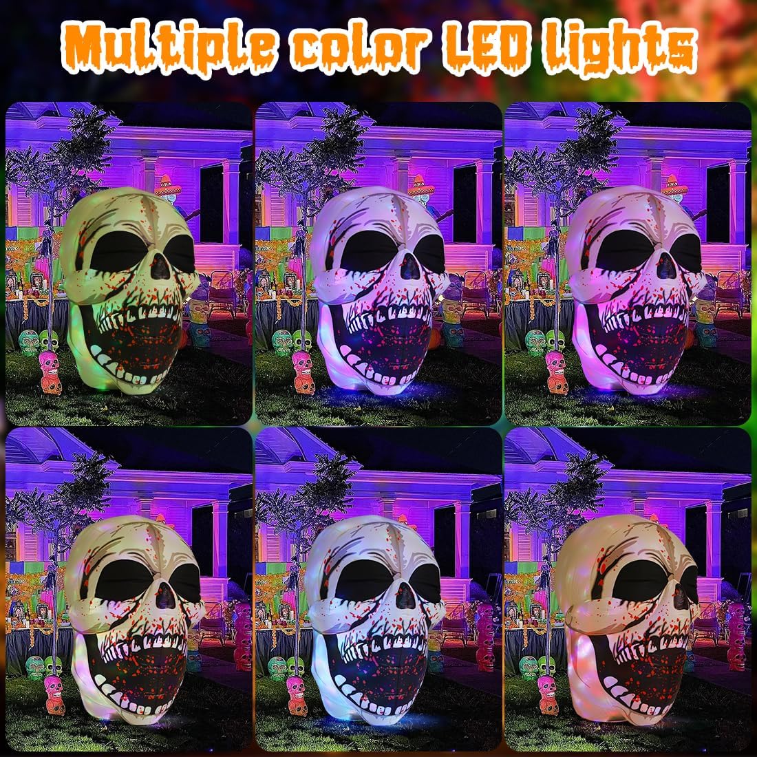 GOOSH 4 FT Halloween Inflatables Skull Outdoor Decorations Blow Up Yard Scary Colorful Dimming Skull with Built-in Magic LEDs for Garden Lawn Indoor Party Decor