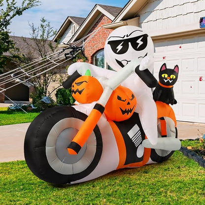 GOOSH 6ft Light-Up Inflatable Ghost with Pumpkin Cat Motorcycle Halloween Yard Decoration