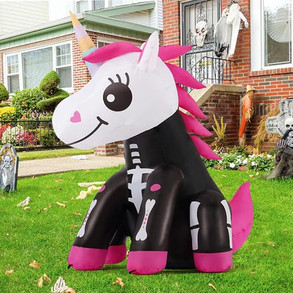 GOOSH 4 FT Halloween Inflatables Skeleton Unicorn Outdoor Decorations Blow Up Yard Pink Cute with Built-in LEDs for Indoor Party Garden Lawn Decor