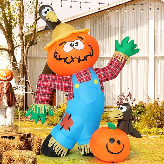 Goosh 6 FT Thanksgiving Inflatable Decorations Crow Fall Harvest Pumpkin Scarecrow with Built-in LED Lights Blow Up Outdoor Inflatable for Party Yard Garden Lawn
