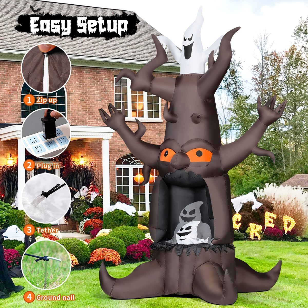 GOOSH 9 FT Halloween Inflatable Animated Dead Tree Outdoor Decorations Blow Up Yard Scary Tree and White Ghost with Built-in LEDs for Outdoor Garden Lawn Party Decor (Tree Ghost)