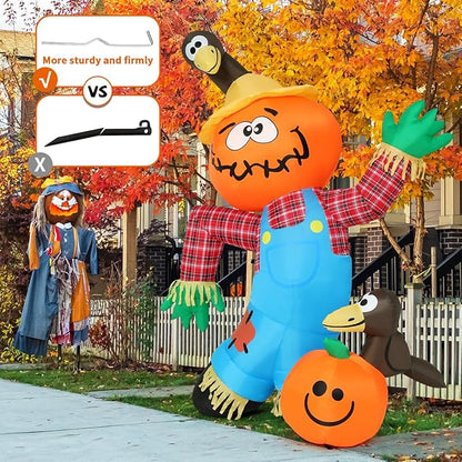 Goosh 6 FT Thanksgiving Inflatable Decorations Crow Fall Harvest Pumpkin Scarecrow with Built-in LED Lights Blow Up Outdoor Inflatable for Party Yard Garden Lawn