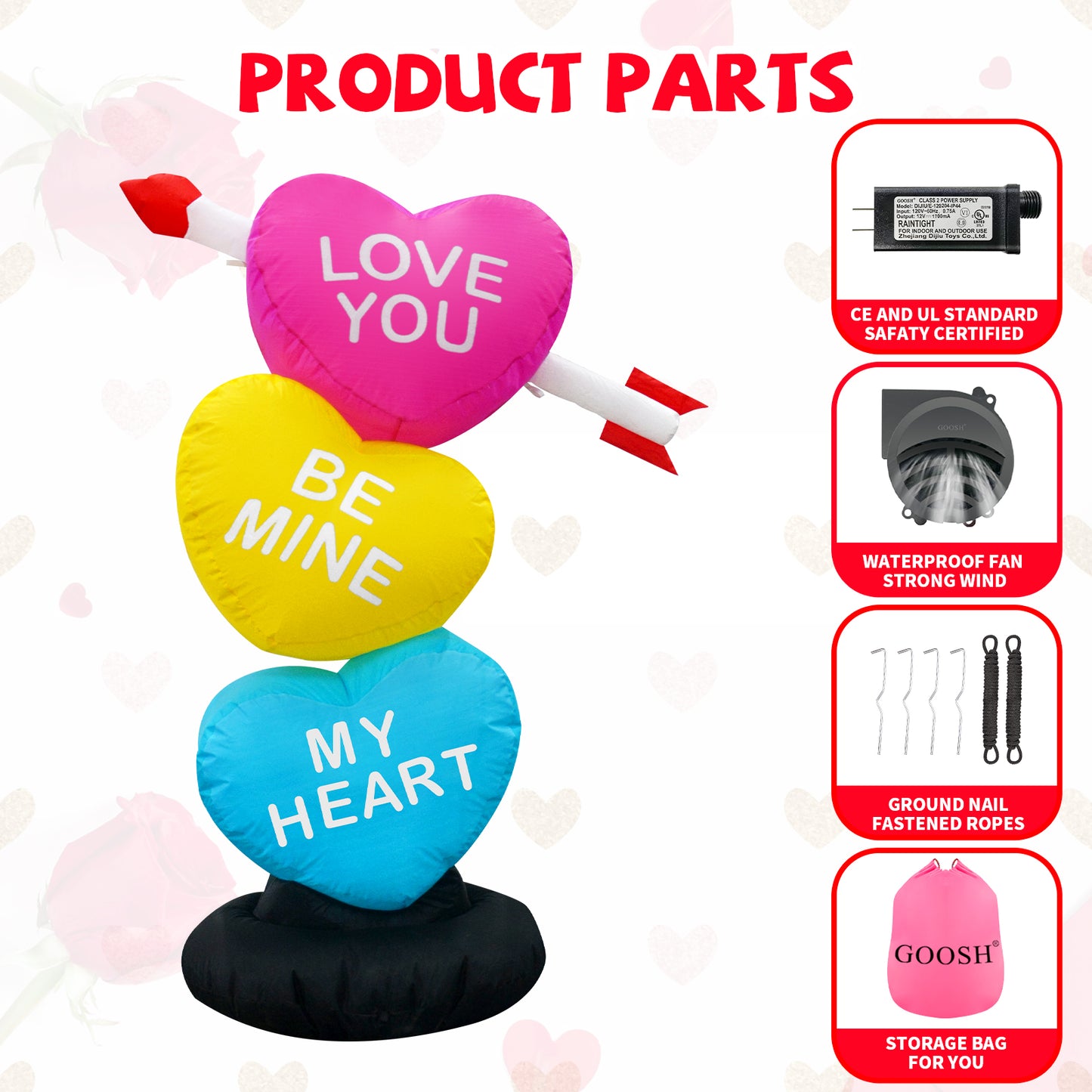 GOOSH 4 FT Valentines Day Inflatables Heart Outdoor Decorations Valentine Blow Up Yard Decorations