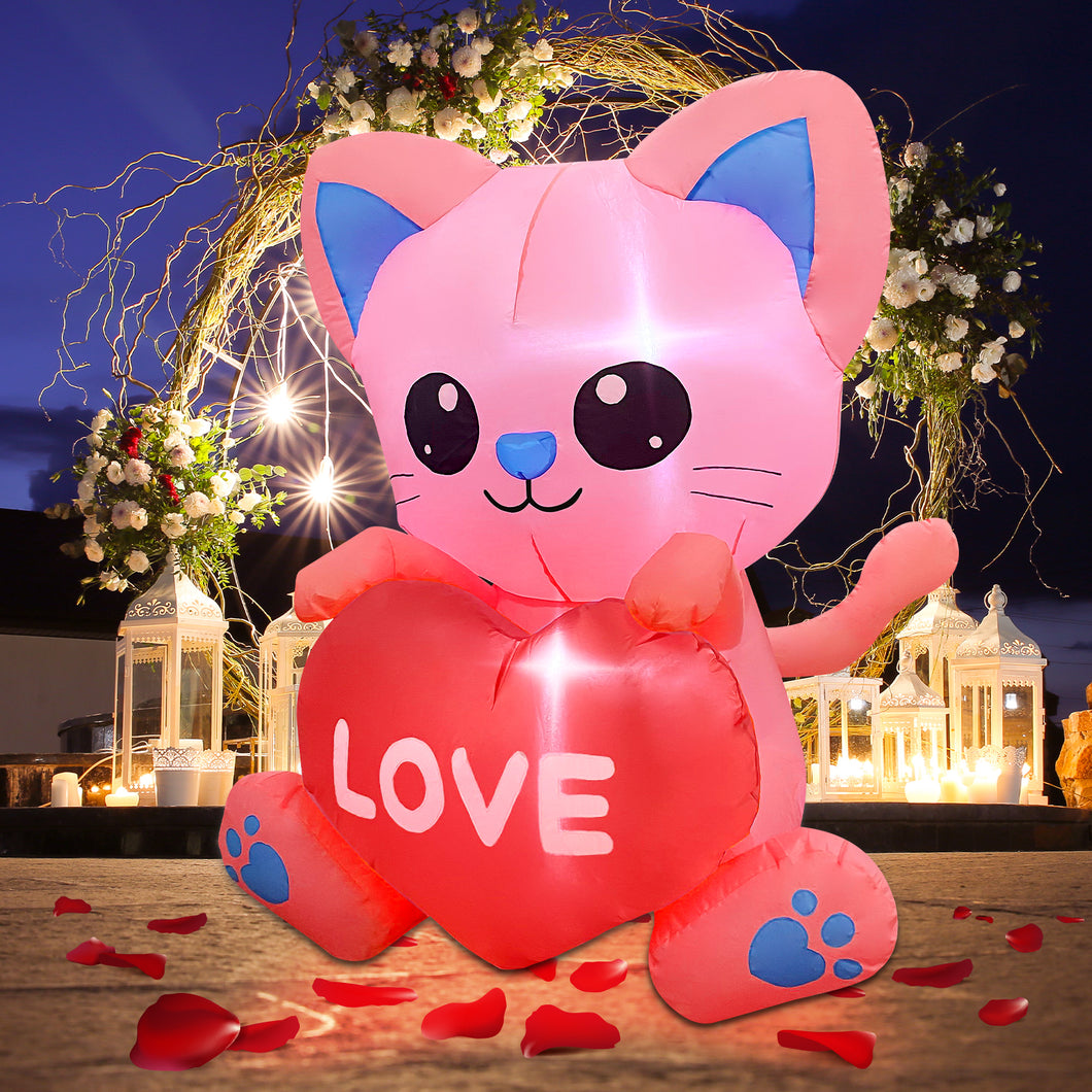 GOOSH Valentines Day Inflatables Cat 4 FT with Love Heart Outdoor Decorations with Built-in LEDs, Valentine's Day Blow Up Yard Decoration for Holiday Party Indoor Outdoor Yard Garden Lawn #90019