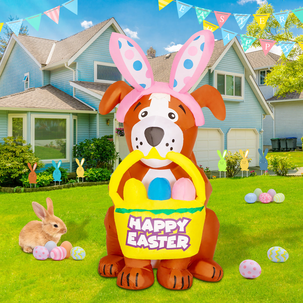 5FT Easter Inflatable Dog with Bunny Ears Headband Bite Basket and Colorful Easter Eggs