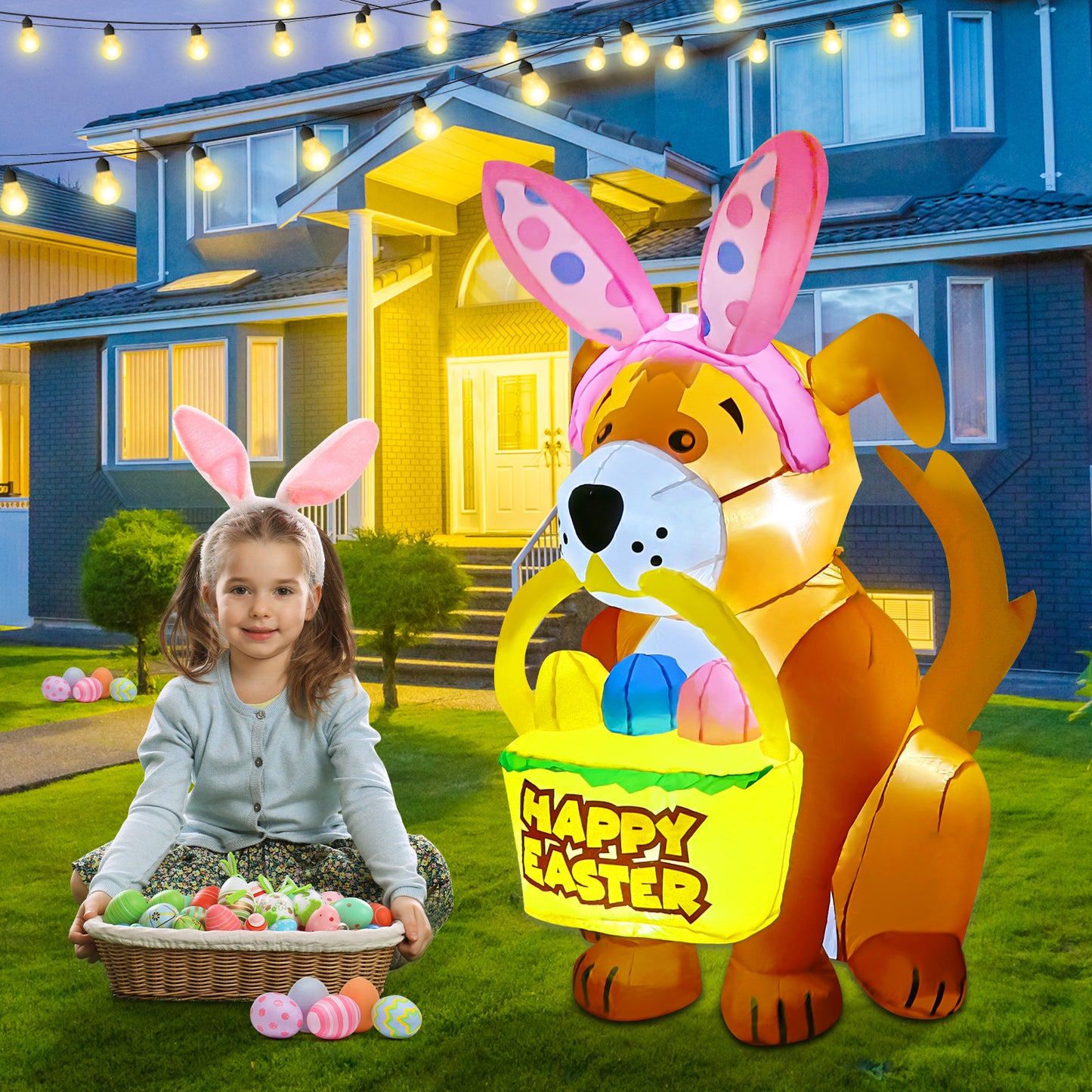 GOOSH 5.2 FT Easter Inflatables Dog Outdoor Decorations Blow Up Yard Yard Cute Dog with Easter Eggs with Built-in LEDs for Easter Party Yard Garden Lawn Holiday Decor