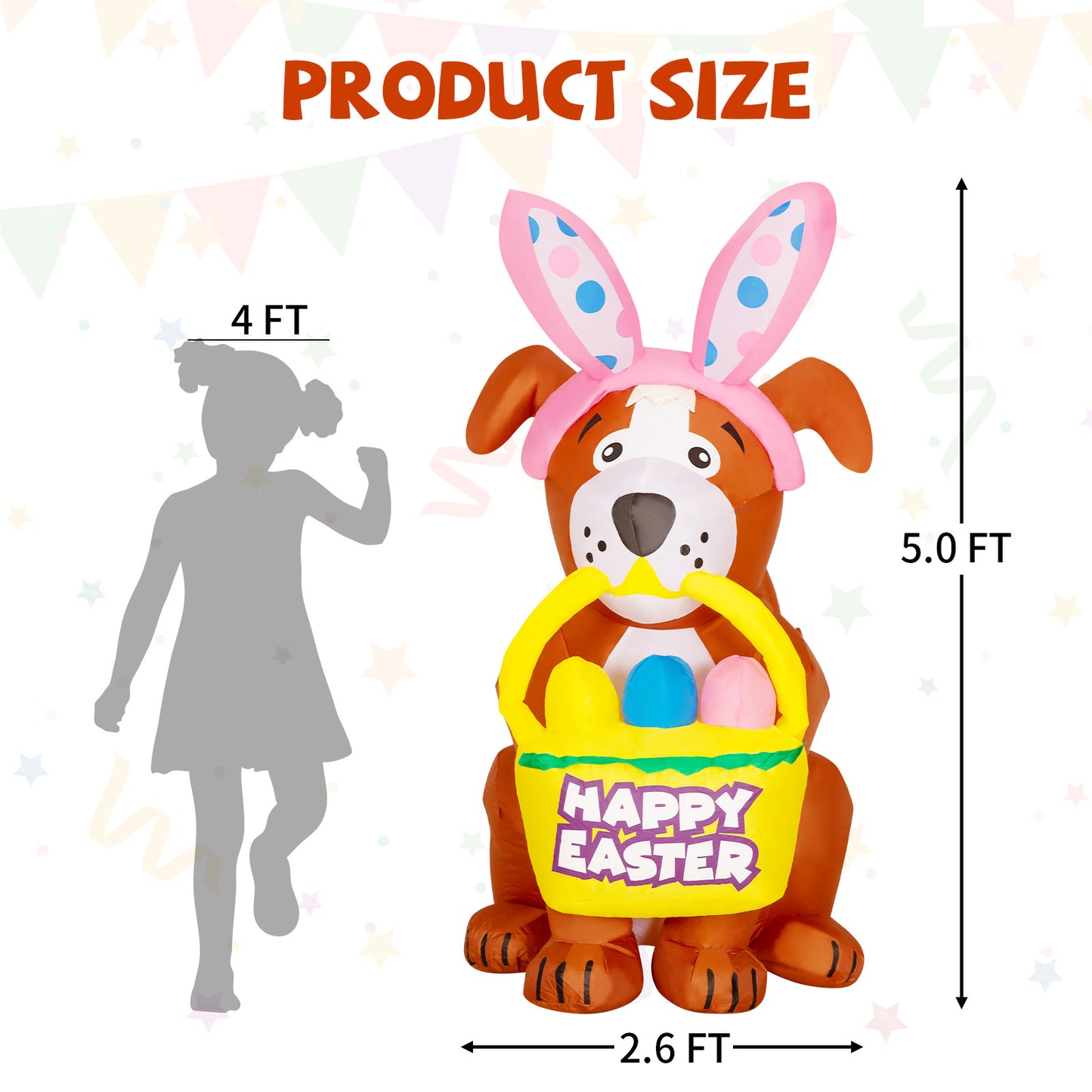 GOOSH 5.2 FT Easter Inflatables Dog Outdoor Decorations Blow Up Yard Yard Cute Dog with Easter Eggs with Built-in LEDs for Easter Party Yard Garden Lawn Holiday Decor