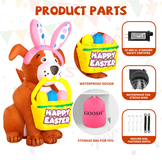 GOOSH 5.2 FT Easter Inflatables Dog Outdoor Decorations Blow Up Yard Yard Cute Dog with Easter Eggs with Built-in LEDs for Easter Party Yard Garden Lawn Holiday Decor
