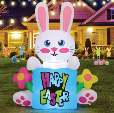 Goosh 5.2 FT Easter Inflatables Rabbit Holding Pillow Outdoor Decorations Blow Up Colorful Flower with Built-in LEDs for Indoor Yard Garden Lawn Decoration