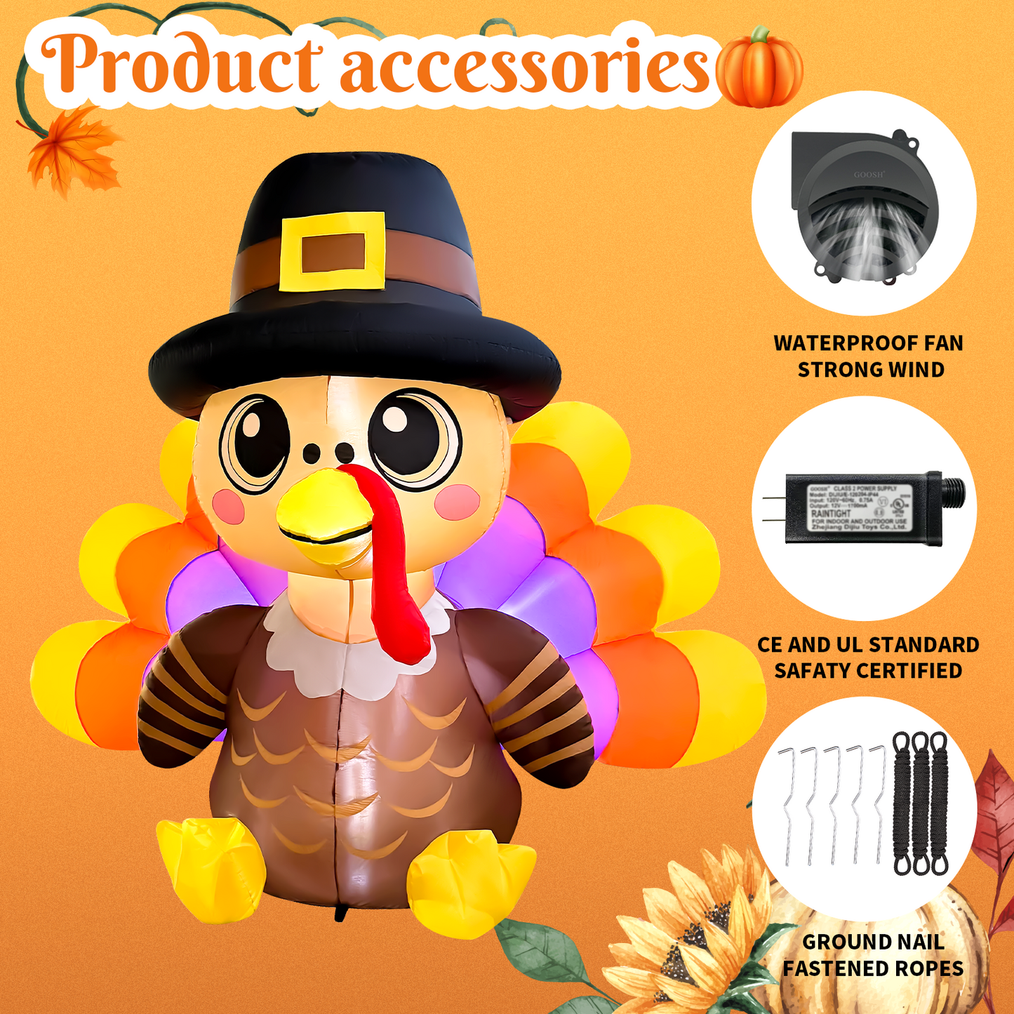 GOOSH 6FT Turkey Thanksgiving Inflatable with Pilgrim Hat and LED Lights