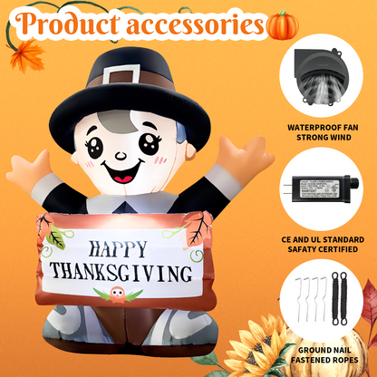 GOOSH 5FT Thanksgiving Pilgrim Boy Inflatable with Sign and LED Lights