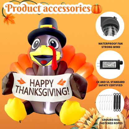 GOOSH 6FT Thanksgiving Turkey Inflatable with Banner, Pilgrim Hat, and LED Lights