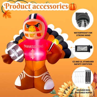 GOOSH 6FT Thanksgiving Turkey Football Inflatable with LED Lights
