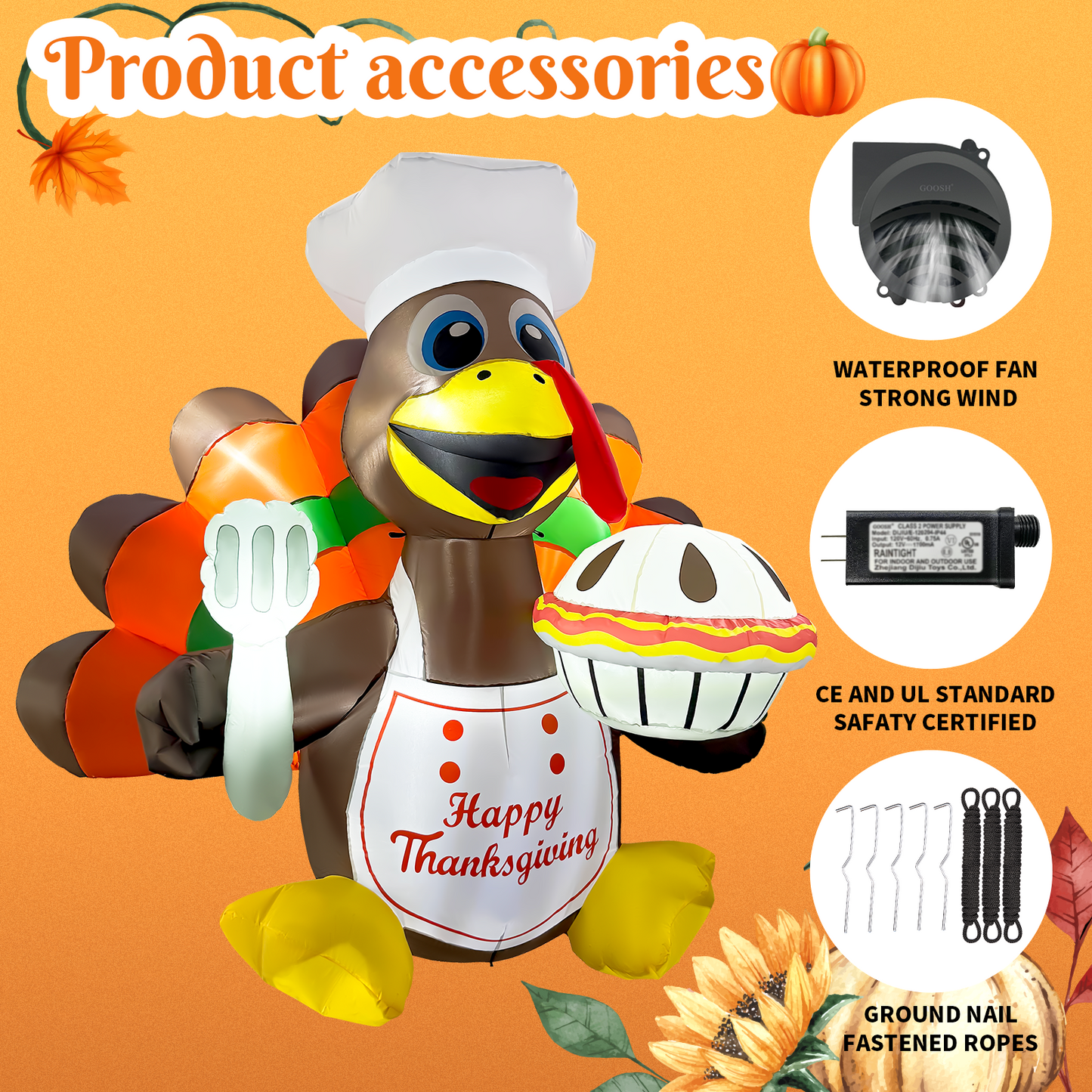 GOOSH 6FT Thanksgiving Turkey Chef Inflatable with Pumpkin Pie and LED Lights