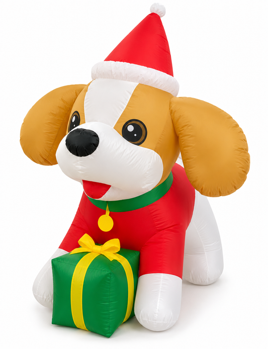GOOSH 5 FT Christmas Inflatables Cavalier King Charles Puppy Dog Outdoor Decorations Blow Up Yard Present Box with Built-in LEDs for Indoor Party Garden Lawn Decor