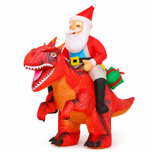 GOOSH 5 FT Long Christmas Inflatables Outdoor Decorations, Blow Up Santa Claus Riding Red Dinosaur with Built-in LEDs for Christmas Indoor Outdoor Yard Lawn Garden Decorations