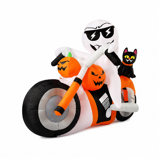 GOOSH 6ft Light-Up Inflatable Ghost with Pumpkin Cat Motorcycle Halloween Yard Decoration
