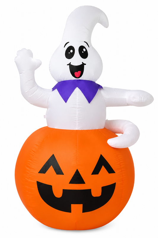 GOOSH 5 FT Halloween Inflatable Outdoor Ghost Sitting on The Pumpkin, Blow Up Yard Decoration Clearance with LED Lights Built-in for Holiday/Party/Yard/Garden