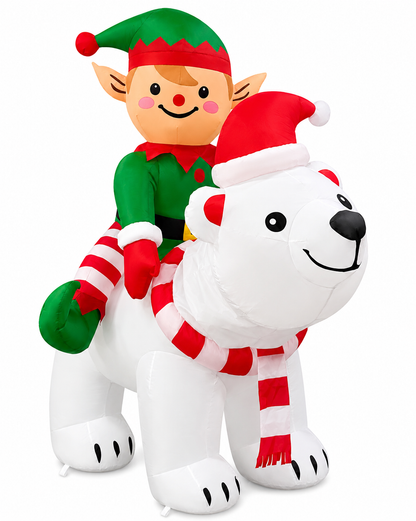 GOOSH 6FT Animated Elf Riding Polar Bear Inflatable Outdoor Christmas Yard Decoration