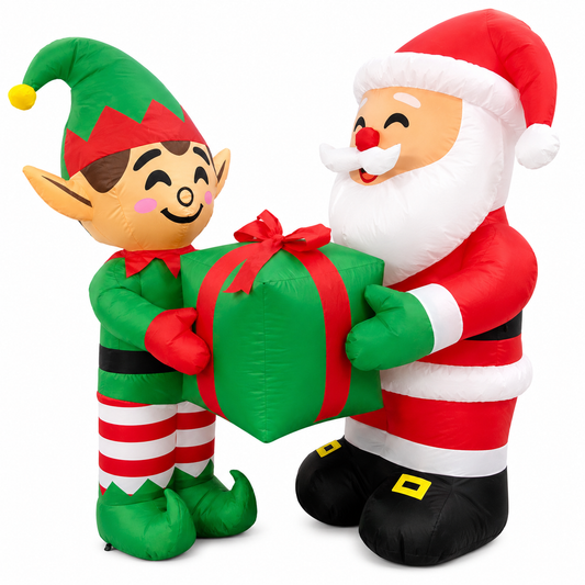 GOOSH 5FT Santa and Elf Inflatable with Gift Outdoor Christmas Yard Decoration