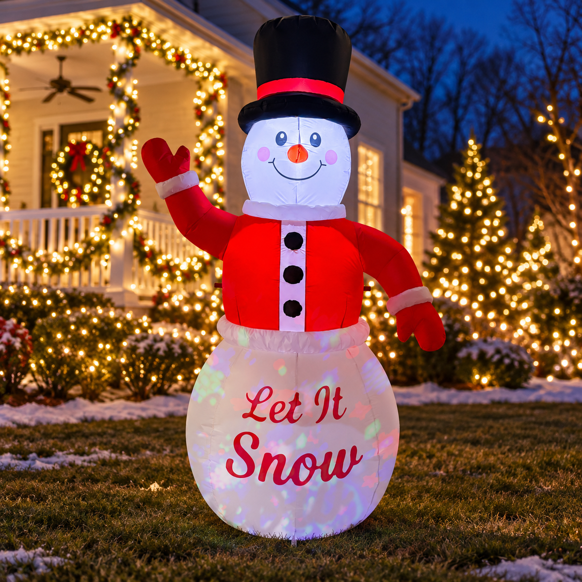 GOOSH 27739 musical snowman in an AI-created Christmas night yard scene, based on the original product image.