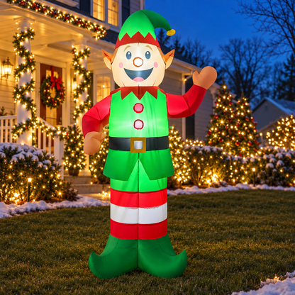 GOOSH 27741 Christmas elf in an AI-created Christmas night yard scene, based on the original product image.