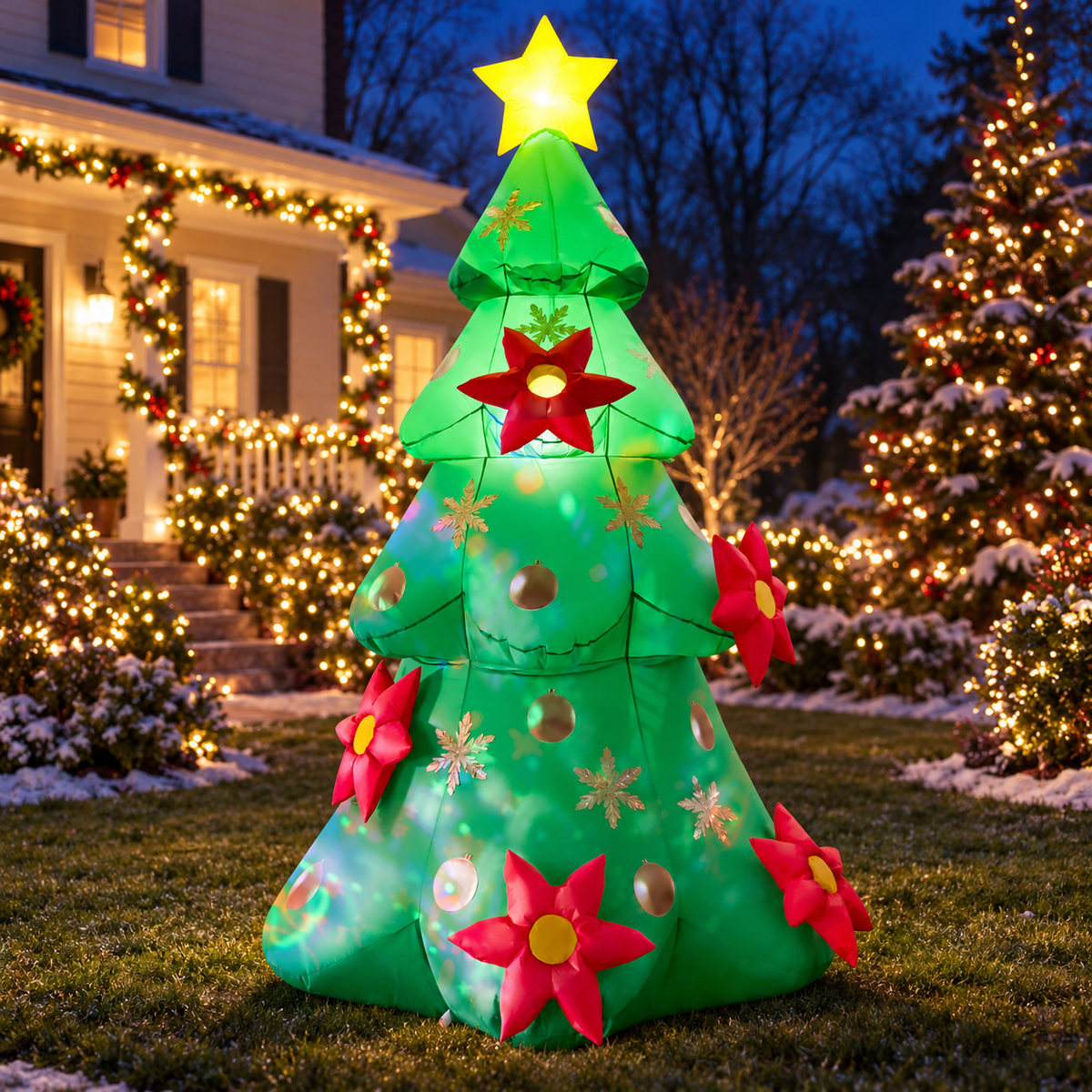 GOOSH 27742 Christmas tree in an AI-created Christmas night yard scene, based on the original product image.