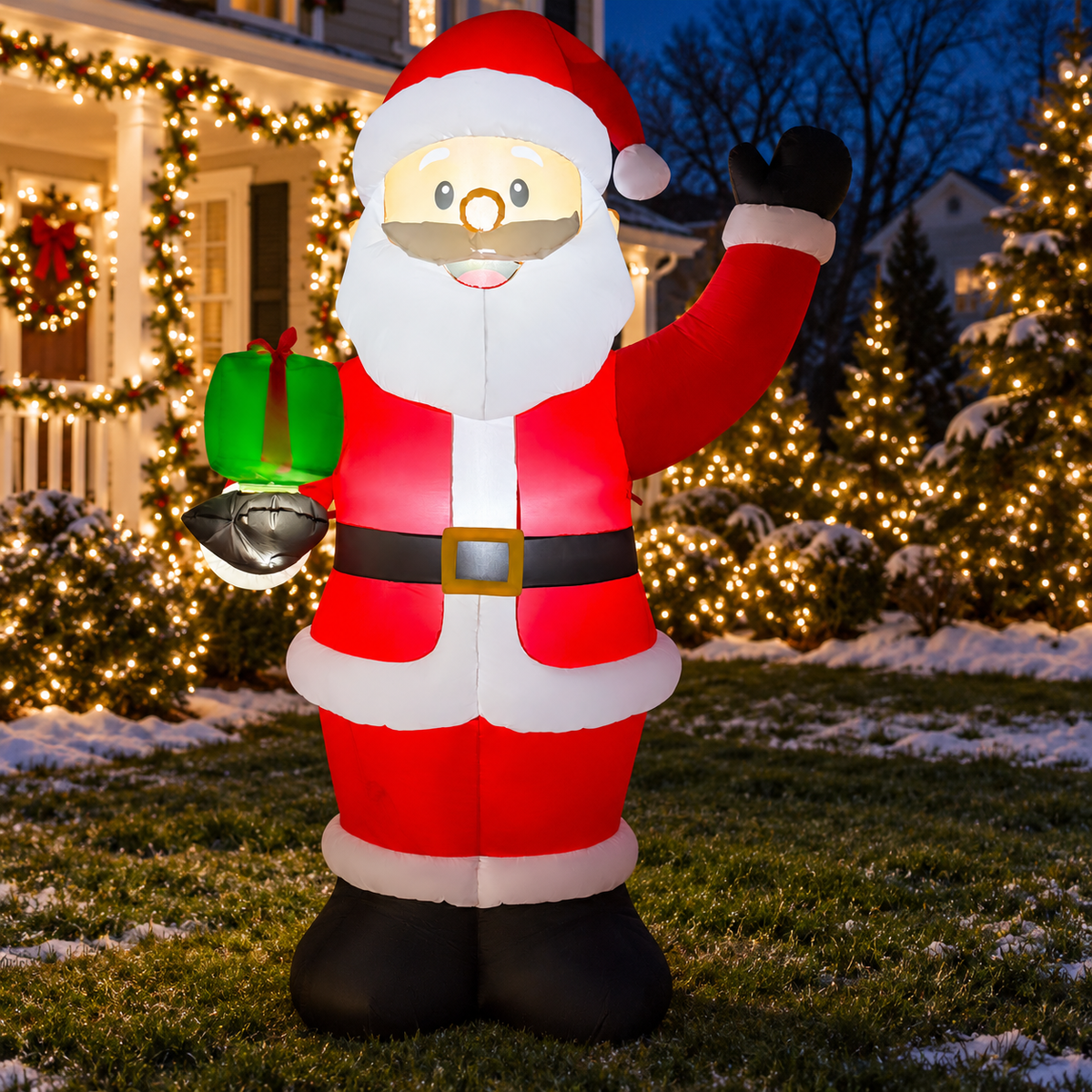 GOOSH 27746 Santa with gift in an AI-created Christmas night yard scene, based on the original product image.