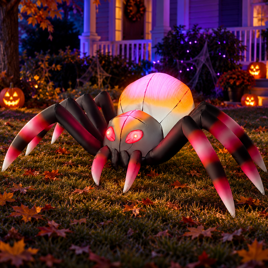 GOOSH DJ-WS-69602 inflatable spider in an AI-created Halloween night yard scene, based on the original product image.