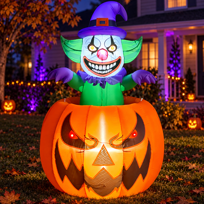 GOOSH 69760 pumpkin clown in an AI-created Halloween night yard scene, based on the original product image.
