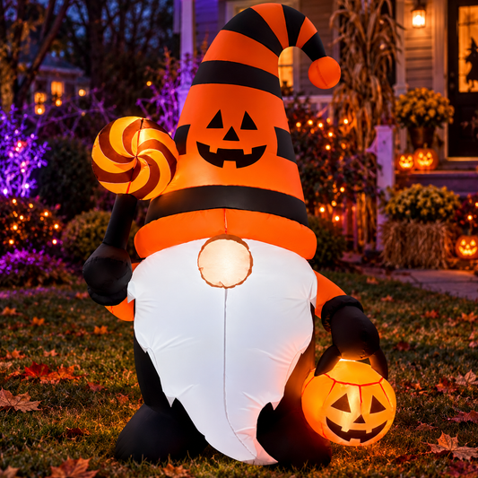 GOOSH 69761 Halloween gnome in an AI-created Halloween night yard scene, based on the original product image.