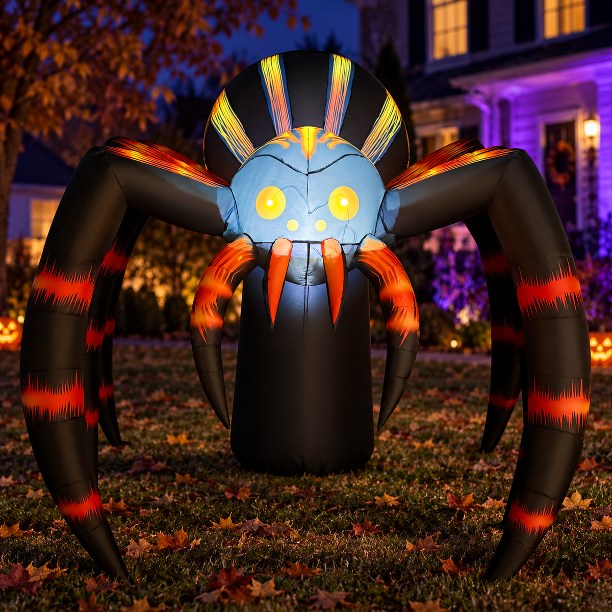 GOOSH 69762-O orange spider in an AI-created Halloween night yard scene, based on the original product image.