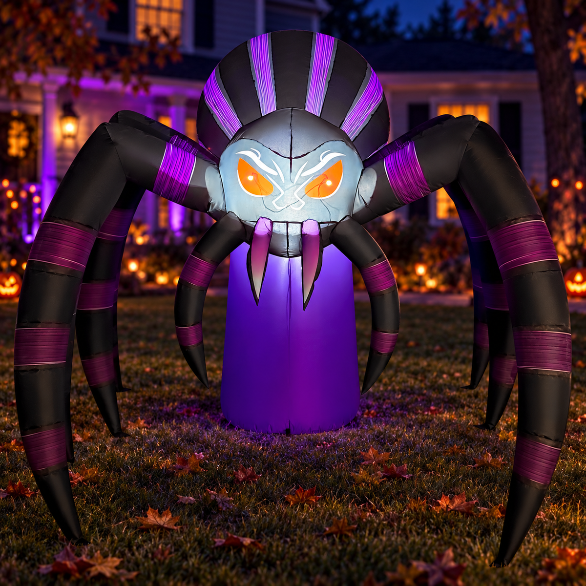 GOOSH 69762-P purple spider in an AI-created Halloween night yard scene, based on the original product image.