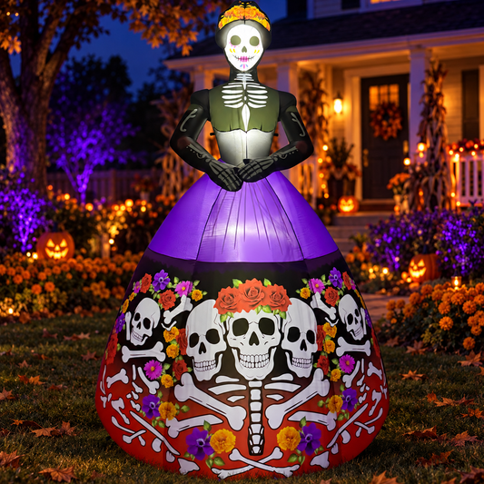GOOSH 69763 skeleton bride in an AI-created Halloween night yard scene, based on the original product image.