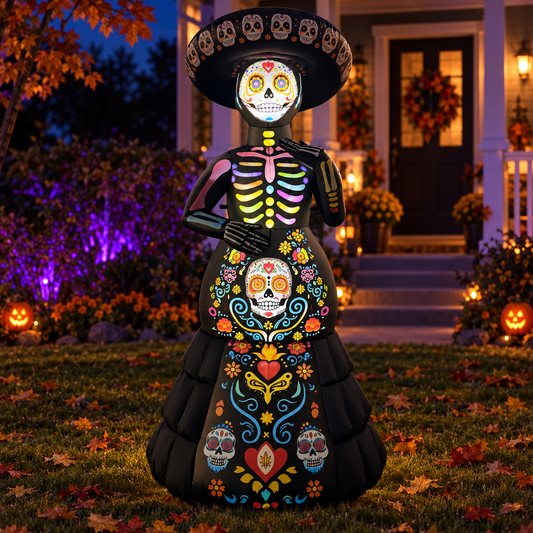 GOOSH DJ-WS-69765 skeleton lady in an AI-created Halloween night yard scene, based on the original product image.