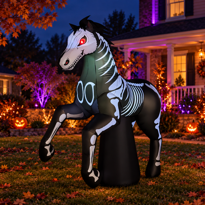 GOOSH 69768 skeleton horse in an AI-created Halloween night yard scene, based on the original product image.