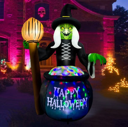 GOOSH 6.5FT Inflatable Witch with Cauldron – Light-Up Happy Halloween Yard Decoration